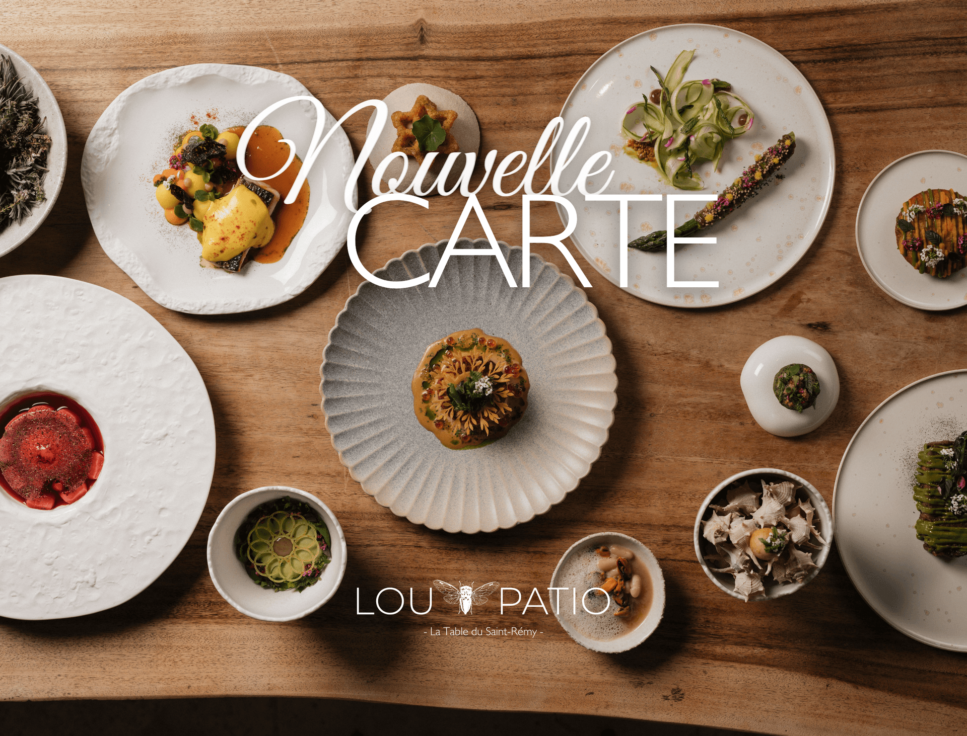 Assortiment de plats sur table en bois.