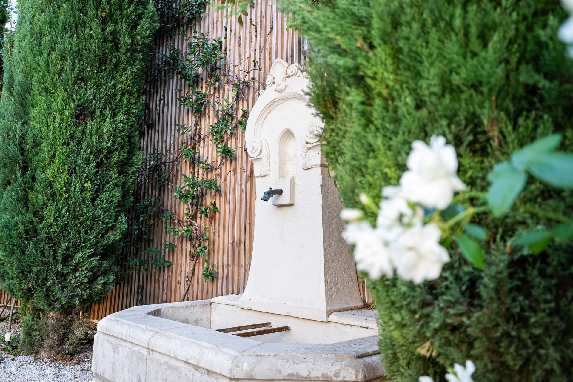 Fontaine en pierre entourée de verdure et fleurs.