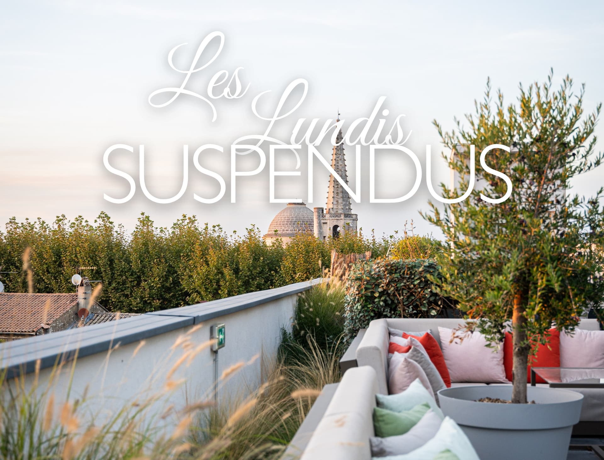 Vue de terrasse avec arbres et coussins colorés.